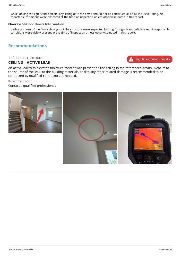 Thermal imaging showing an active ceiling leak during a Bradenton home inspection