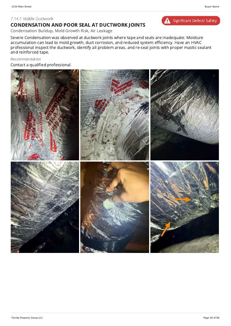 Condensation and poor seals at HVAC ductwork joints found during a Bradenton inspection