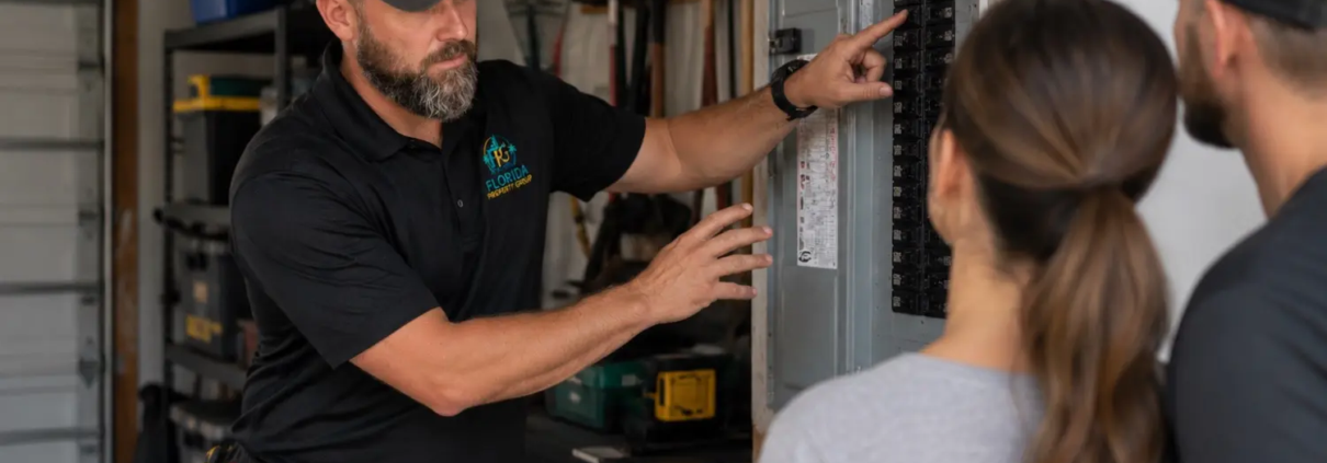Florida Property Group home inspector explaining an electrical panel to homebuyers in Lakewood Ranch