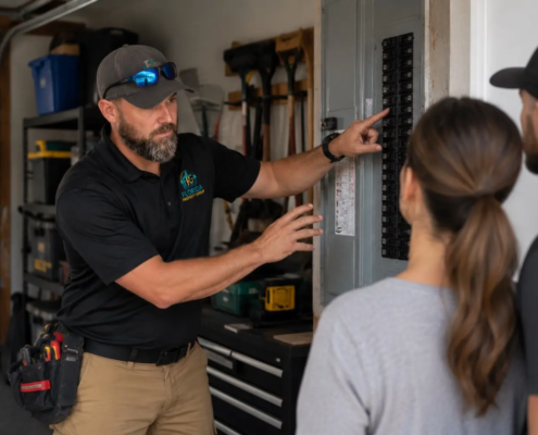 Florida Property Group home inspector explaining an electrical panel to homebuyers in Lakewood Ranch