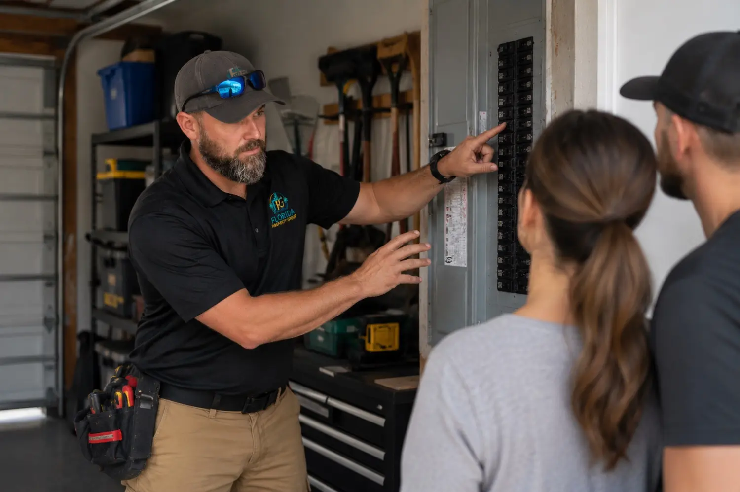 Florida Property Group home inspector explaining an electrical panel to homebuyers in Lakewood Ranch