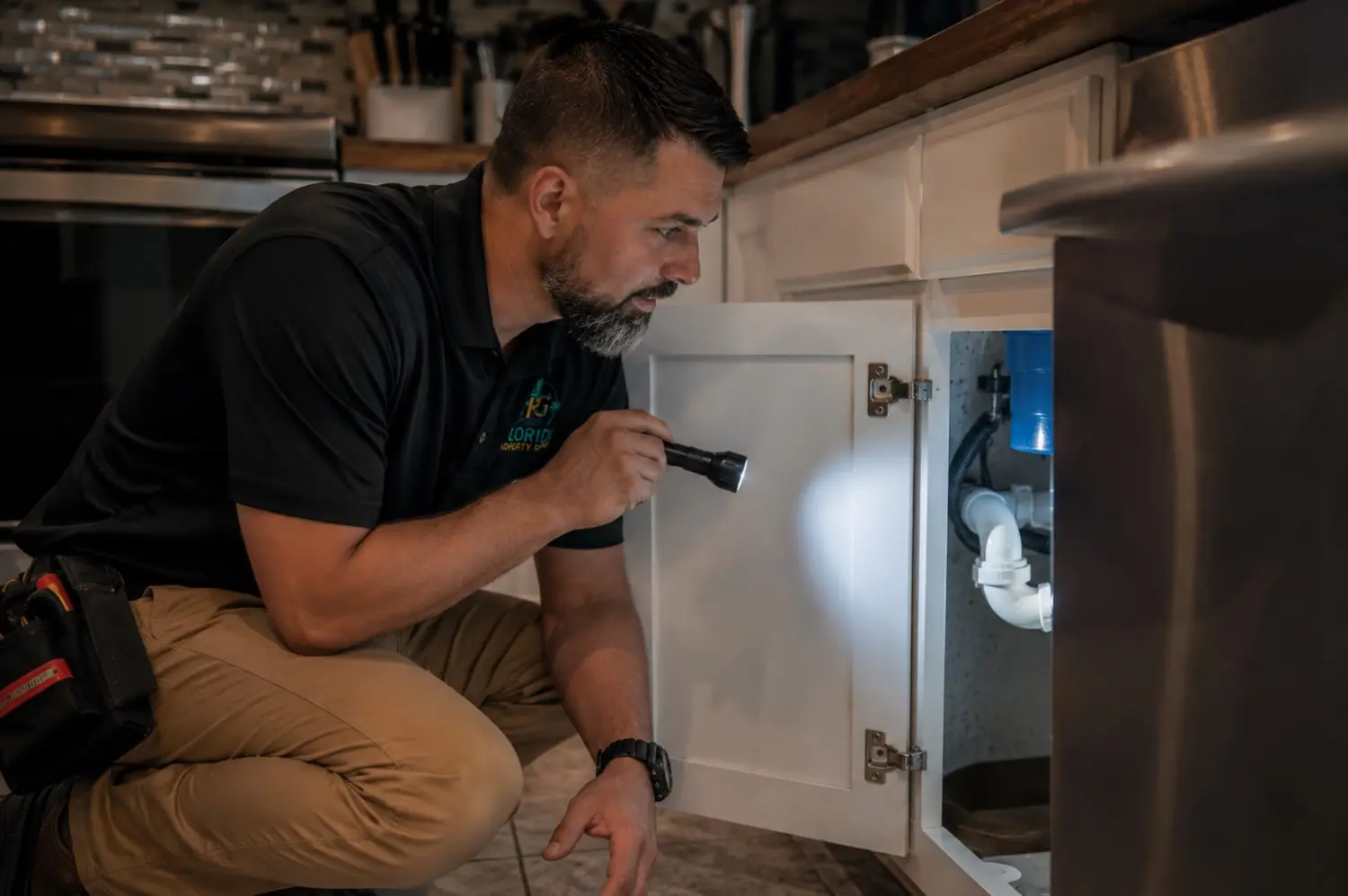 Florida Property Group home inspector checking plumbing beneath a kitchen sink in Lakewood Ranch